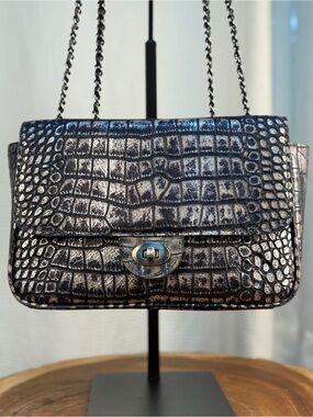 Patricia Nash Lorenza Metallic Silver Croc Leather w/ Chain Shoulder Bag EUC